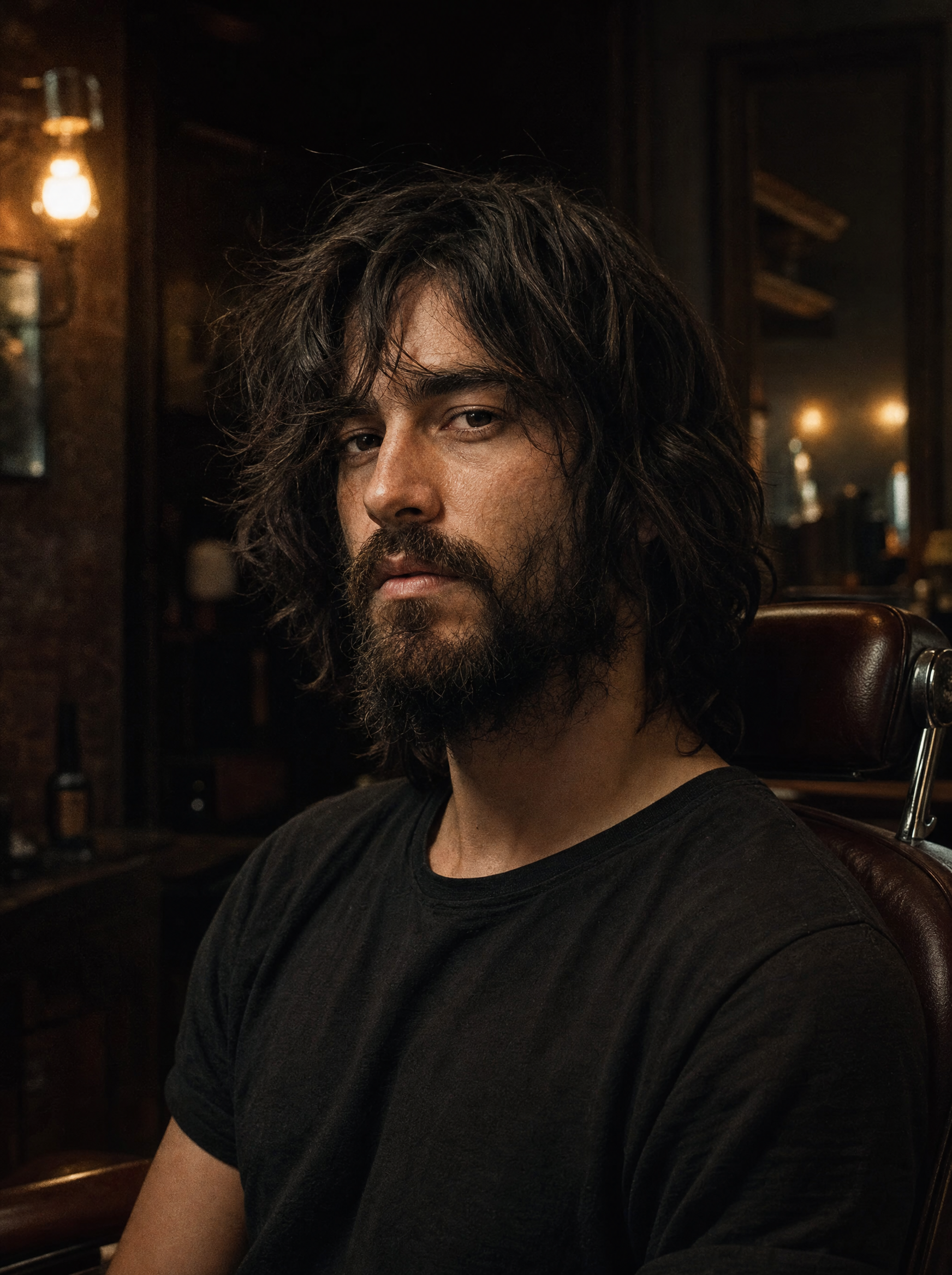 The same man with grown-out hair and an unkempt beard in the chair at Brooklin Barber before his cut.