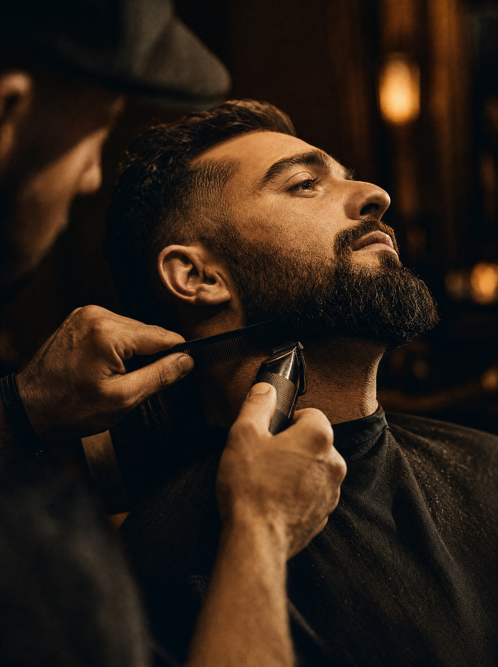 A barber shaping a man's dark beard with a trimmer and comb along the jawline.