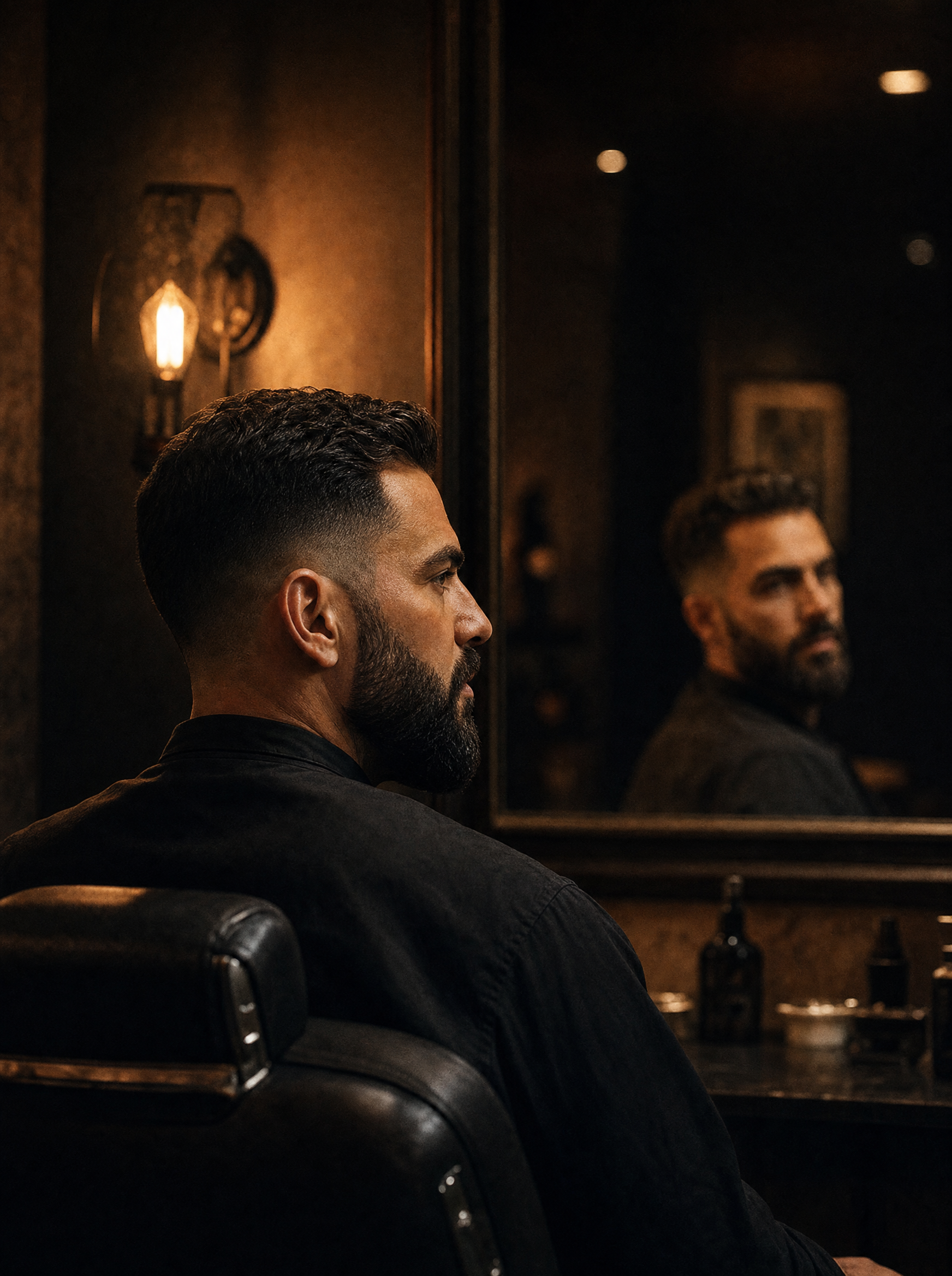 A well-groomed man with a fresh haircut and neatly shaped beard in the barber chair.