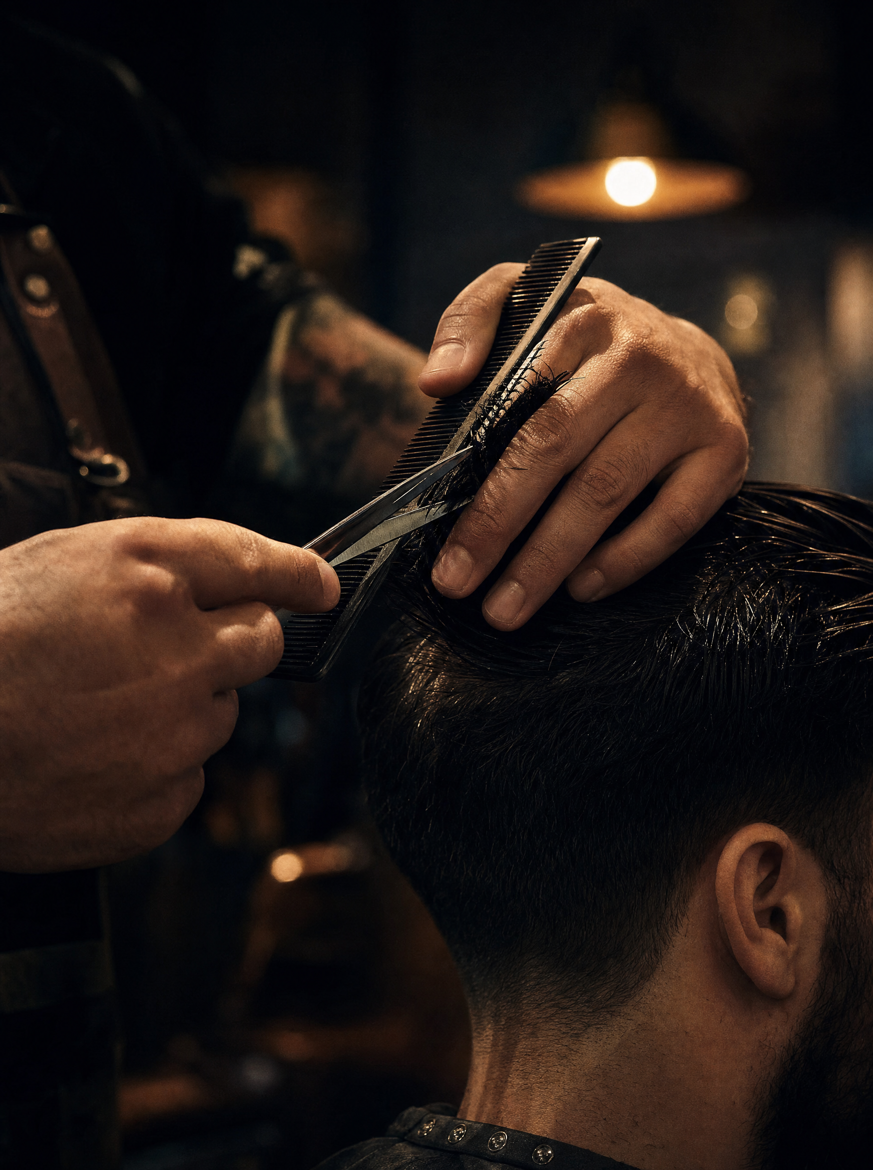A barber cutting a man's dark hair with scissors and a comb.