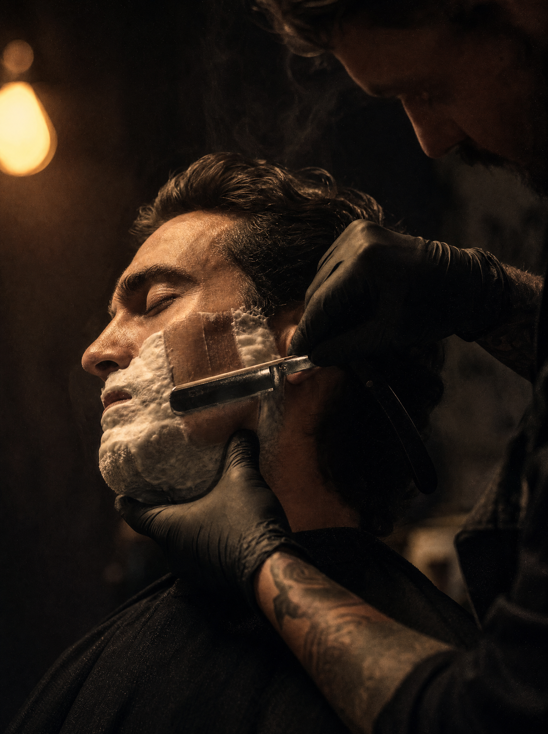A straight razor gliding through white lather on a man's cheek and jaw.